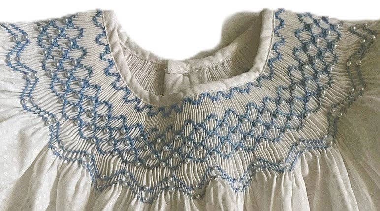 White Polka Dots Geometric Smocked with Pearl Short Bishop Sleeve Dress