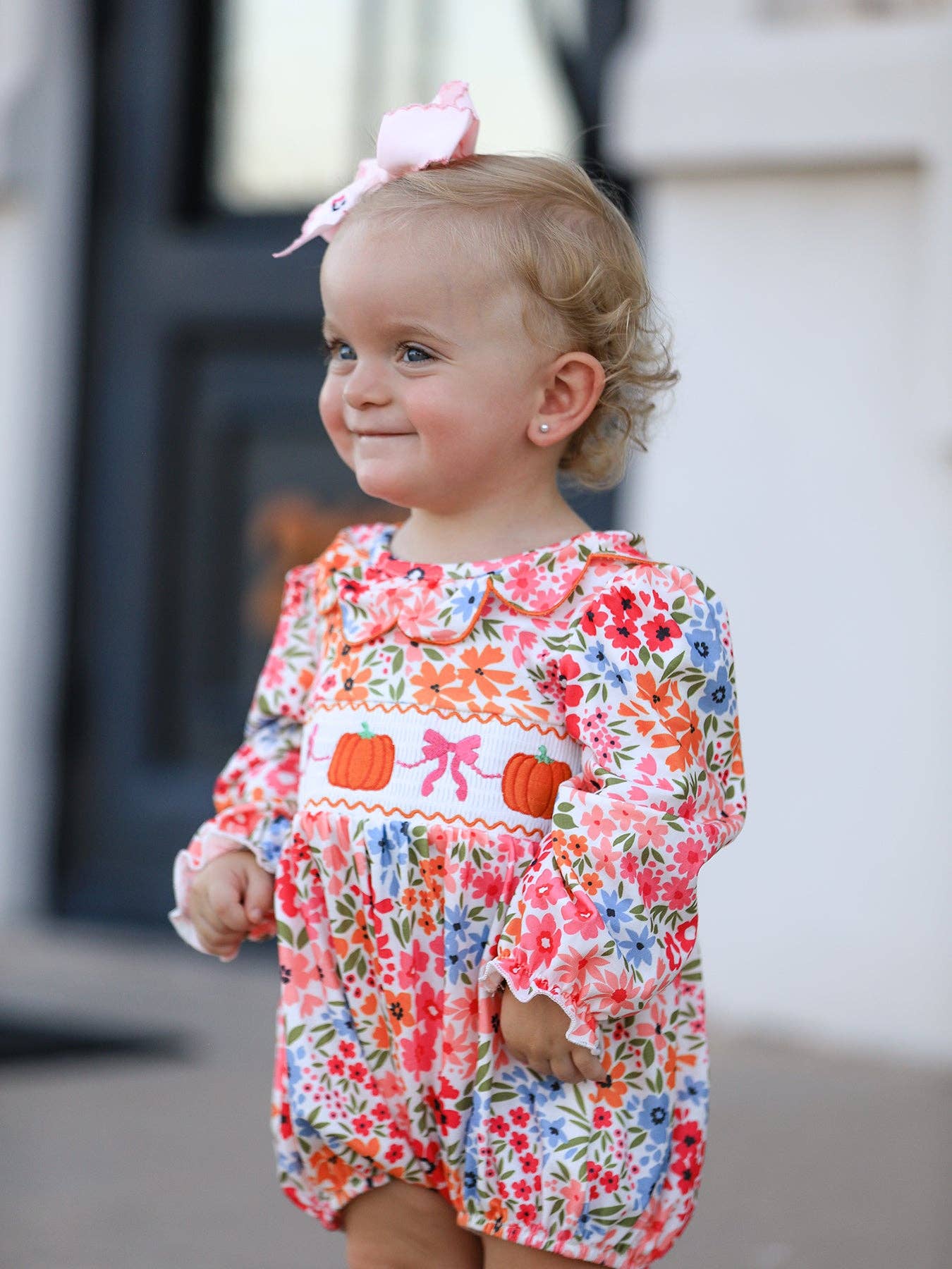 Pumpkin Bow Smock Floral Romper