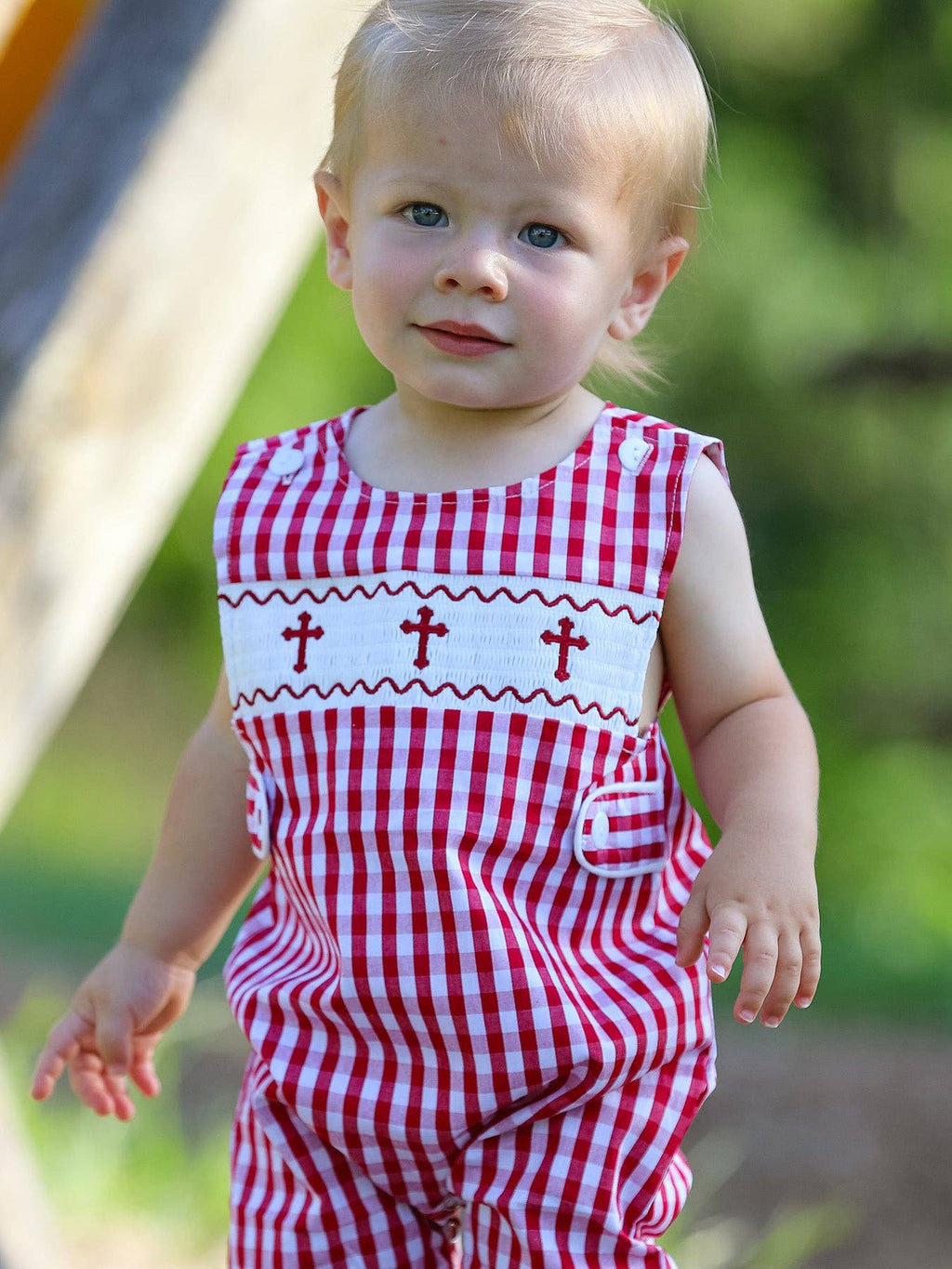 Red Smocked Church Boys Romper