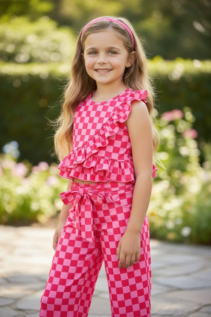 Hot pink checkered printed ruffle top & straight cut pants