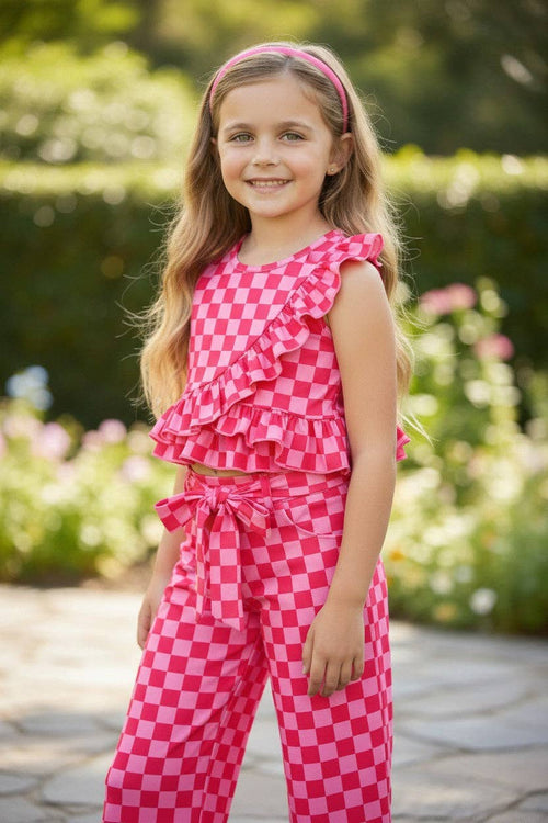 Hot pink checkered printed ruffle top & straight cut pants