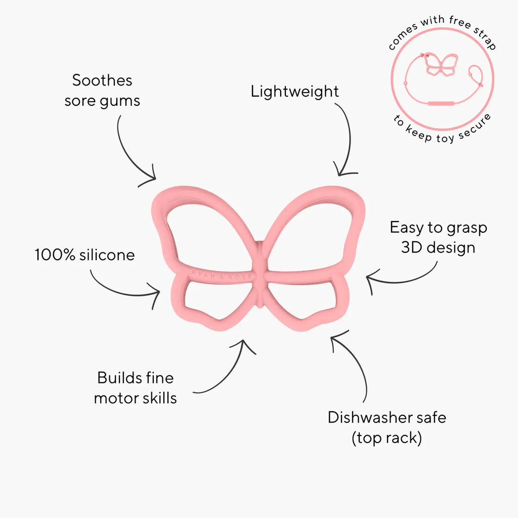 Butterfly Teether Toy + Strap - White