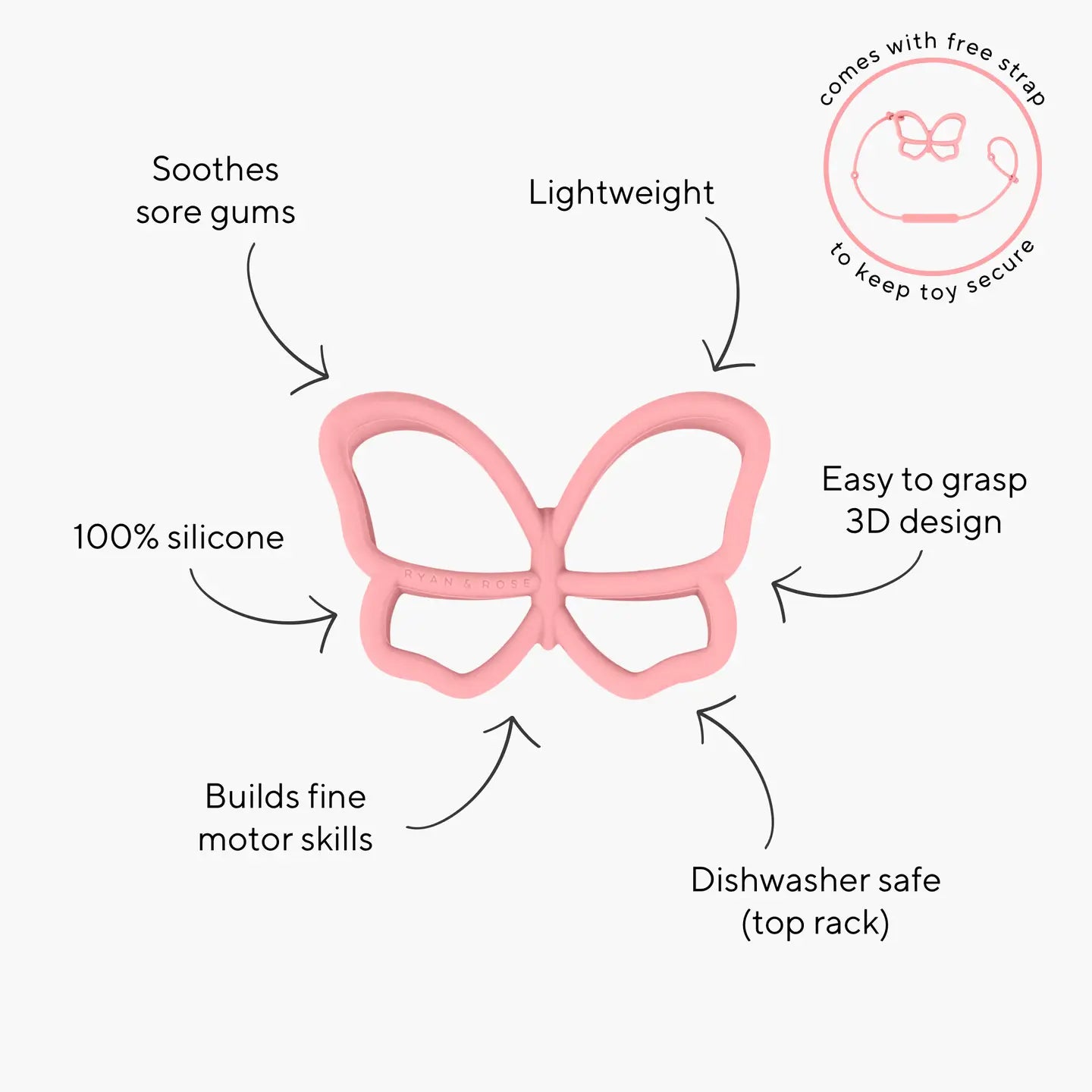 Butterfly Teether Toy + Strap - White