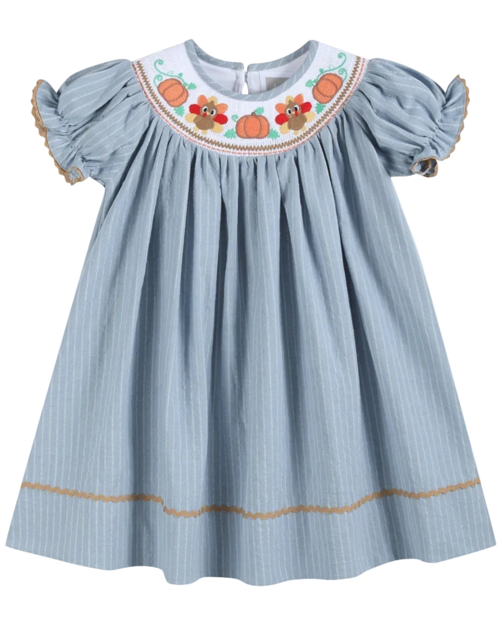 Light Blue Pinstripe Turkey Smocked Bishop Dress