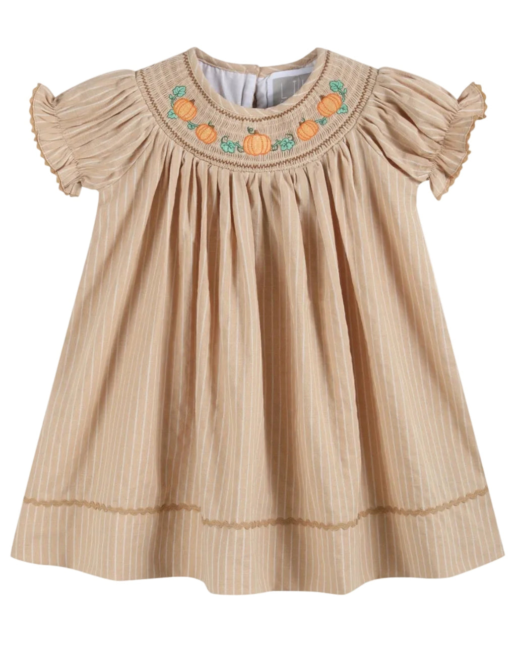 Light Brown Pinstripe Pumpkin Smocked Bishop Dress