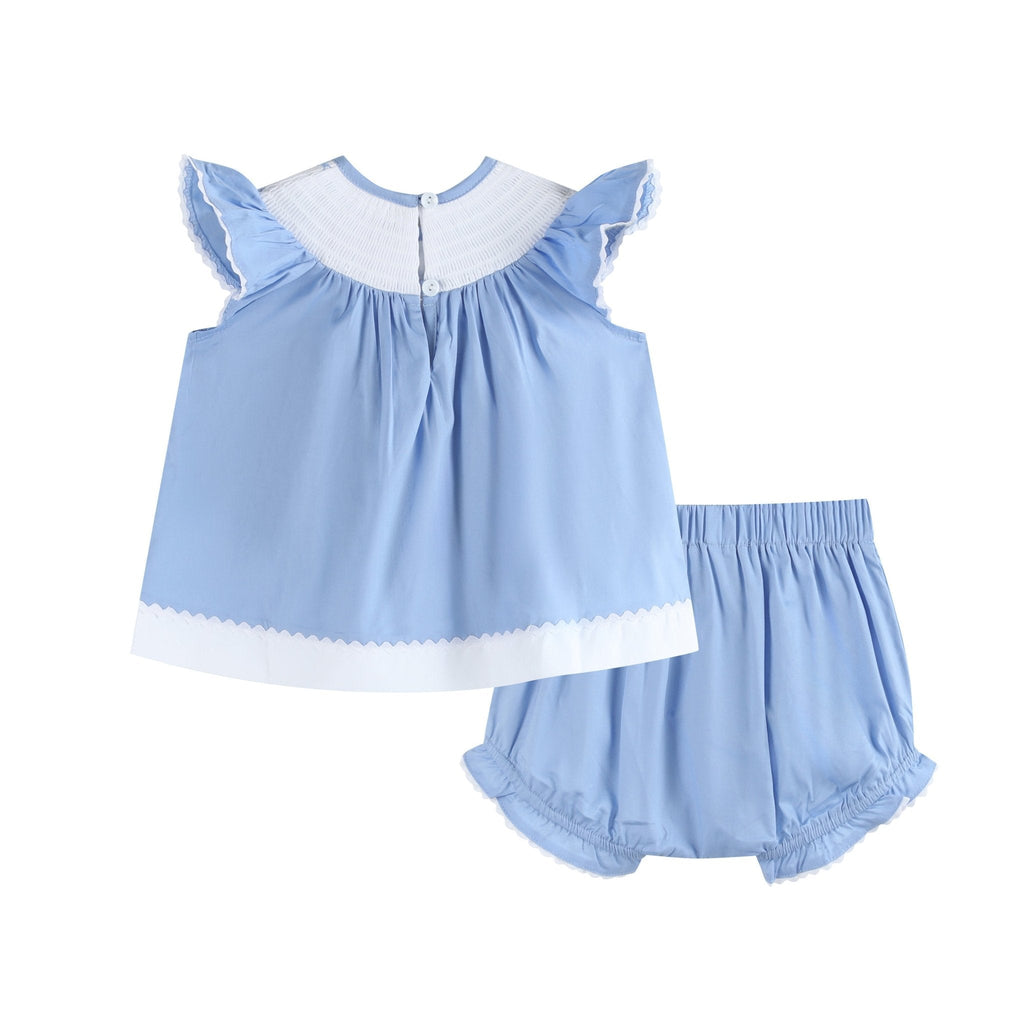 Periwinkle Blue Crosses Smocked Dress and Bloomers Set