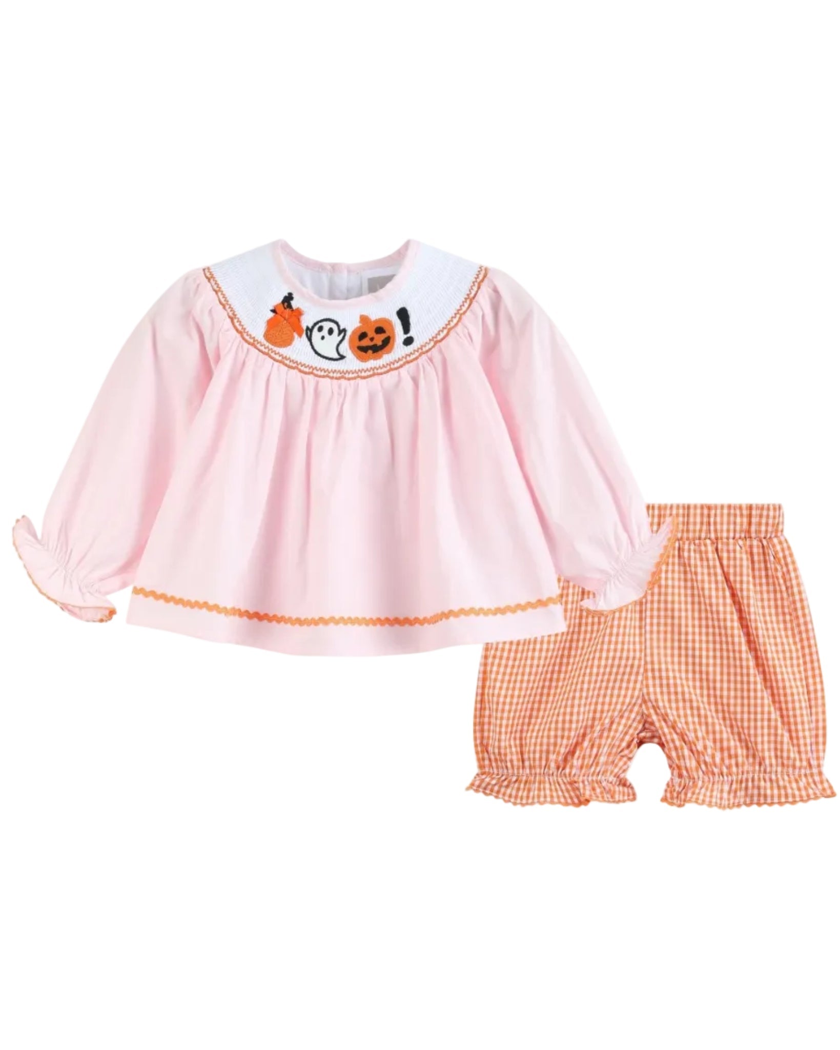 Pink and Orange Gingham Boo Smocked Dress and Bloomer Set