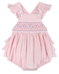 Pink and White bows Smocked Ruffle Romper