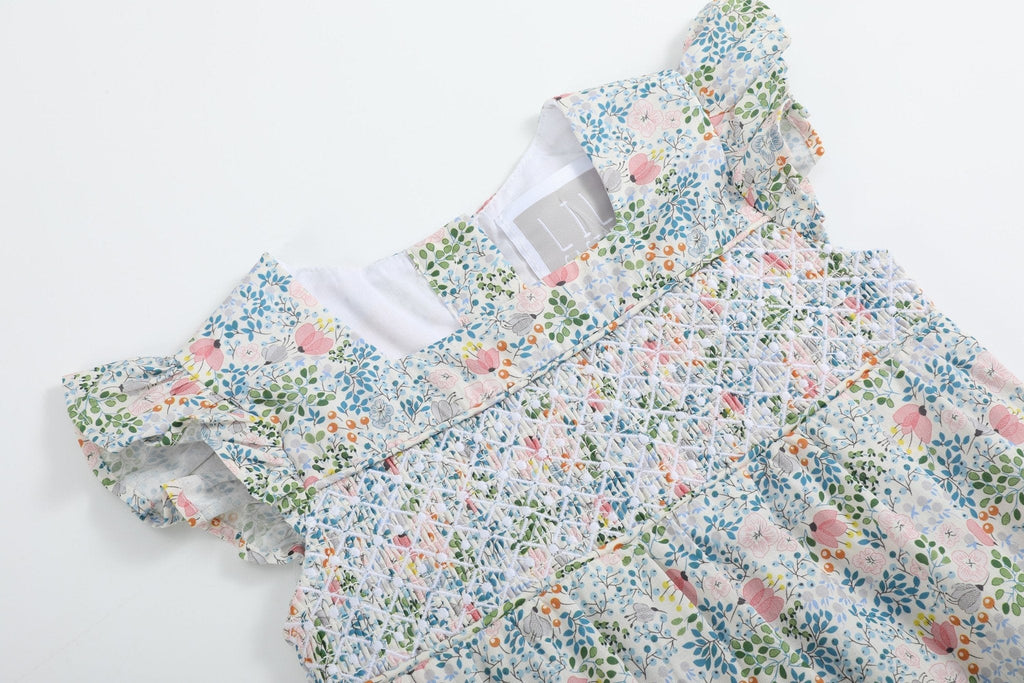 Pink Floral Print Smocked Futter Romper
